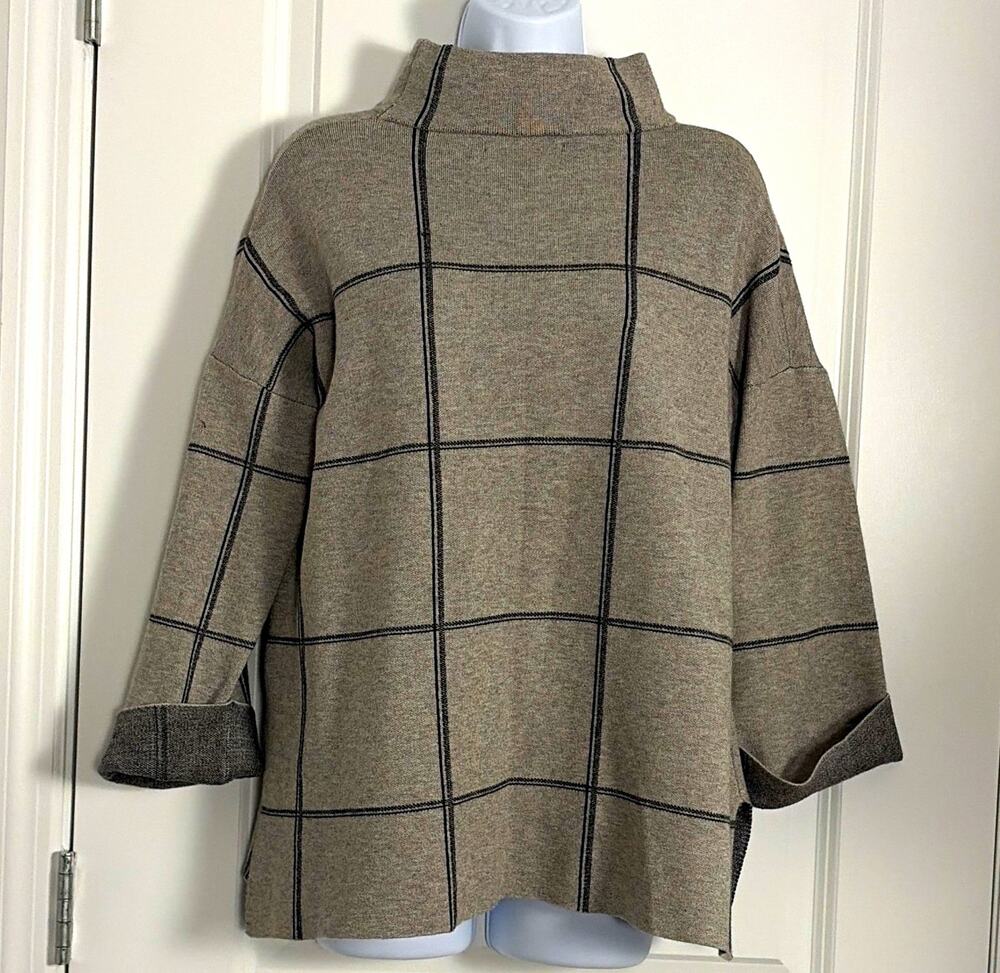 Women’s Gray/Black Windowpane Knit Mock Neck 3/4 Sleeve Pullover Sweater L
